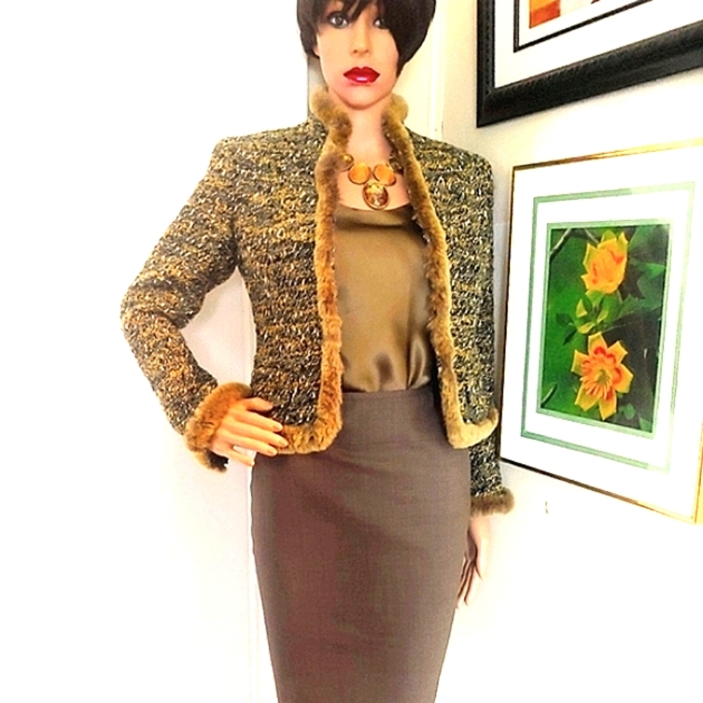 New Lafayette 148 4-6 Tweed Boucle Fur Trim Wool Silk 3 Pc Skirt Suit Nwot